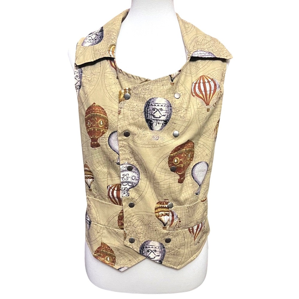 Steampunk Hot Air Balloon Map Print Double Breasted Vest Tan Black S Cosplay